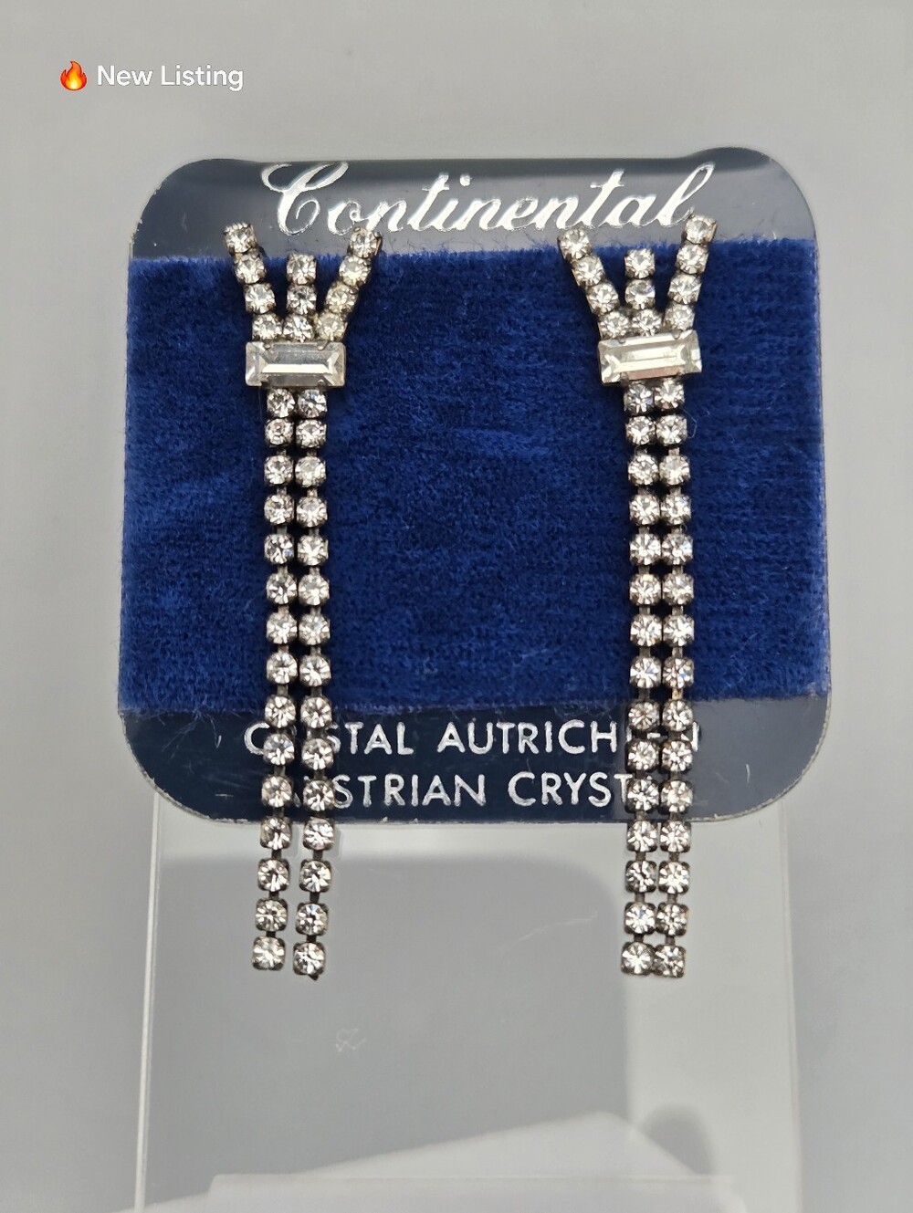 Continental Clear Rhinestone Crystal Dangle Earrings 2" Very Sparkly Vintage